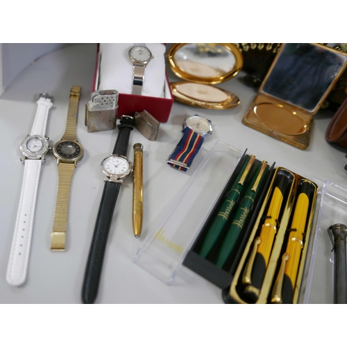 2332 - A collection of wristwatches including Roamer with 17J movement, compacts, pens, etc.