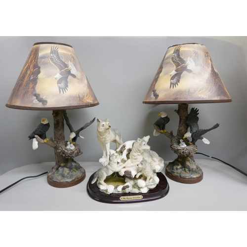 2349 - A pair of Bradford Exchange Treetop Majesty table lamps and a Juliana Collection figure group of wol... 