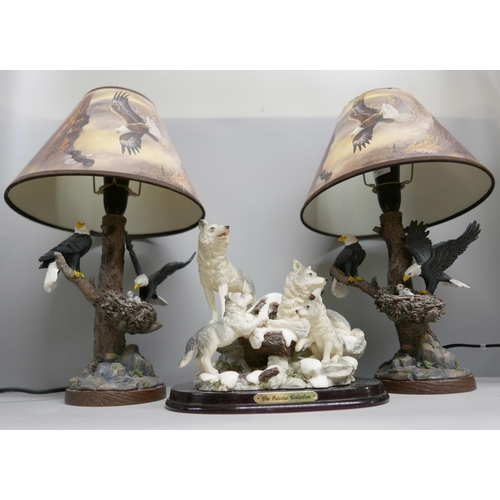 2349 - A pair of Bradford Exchange Treetop Majesty table lamps and a Juliana Collection figure group of wol... 