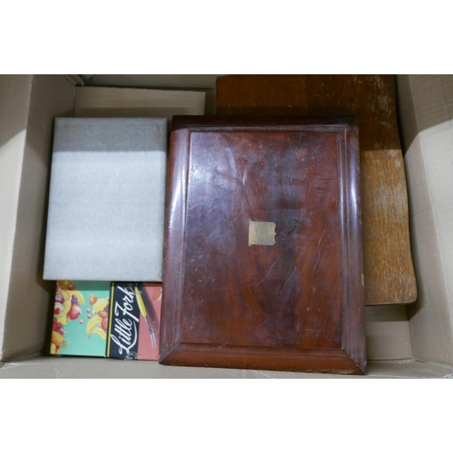 2361 - A collection of cutlery, boxed and empty cutlery boxes, silver plated dressing table set, a wooden a... 