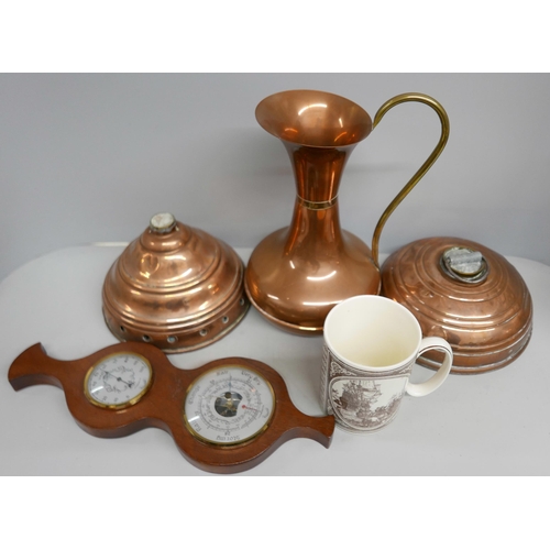 2365 - A collection of brass,  two bed warmers and a large jug, a wooden barometer and a boxed Wedgwood May... 