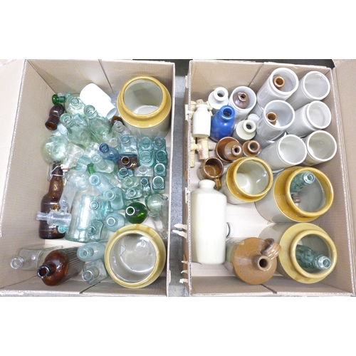 2369 - Two boxes of stoneware bottles and glass advertising bottles **PLEASE NOTE THIS LOT IS NOT ELIGIBLE ... 