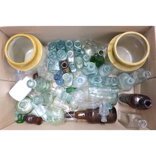 2369 - Two boxes of stoneware bottles and glass advertising bottles **PLEASE NOTE THIS LOT IS NOT ELIGIBLE ... 