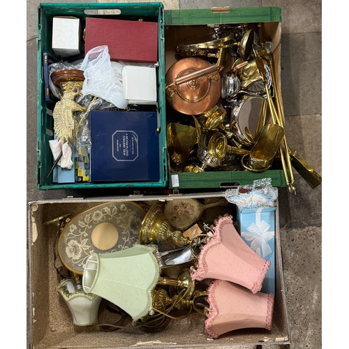 212 - Three boxes of assorted metal and brassware