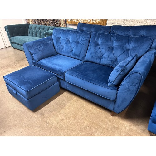 3037 - A Hoxton blue three seater sofa and footstool