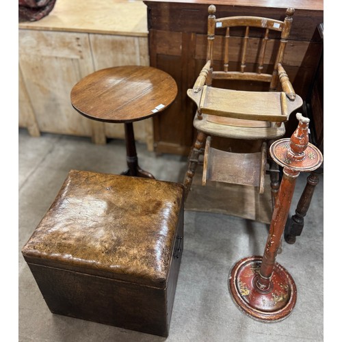 185 - A mahogany metamorphic childs chair, a mahogany tripod occasional table, a leather topped box and a ... 