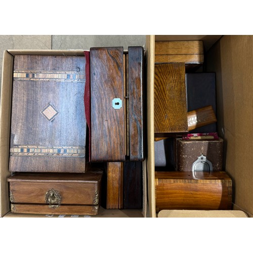 227 - Two boxes of assorted 19th/20th Century wooden boxes including walnut, oak and mahogany