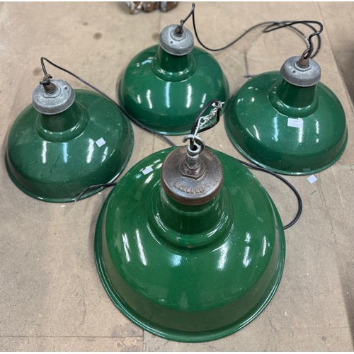 228 - Four 'Maxlume' green enamelled metal industrial ceiling lights