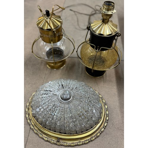 230 - Two brass table lamps and a ceiling light