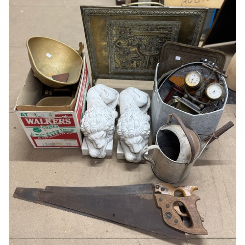 231 - Assorted items; metalware, garden figures of lions, a galvanised watering can, etc.