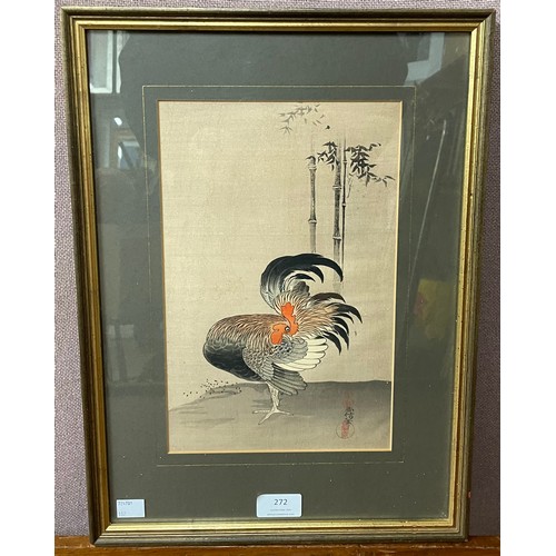 272 - A Naonobu Kano woodblock print, A Cock, framed