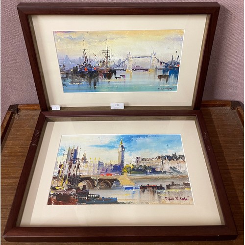 273 - Roberto Luigi Valente, Tower of London and Houses of Parliament, acrylic on board, framed