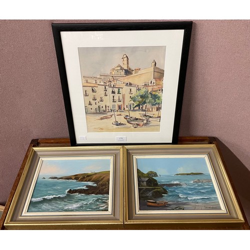 274 - E. Roy, Ibiza Town, watercolour, framed and two others