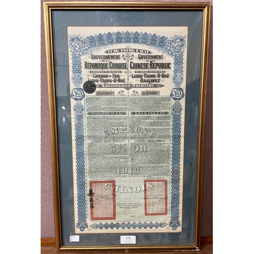 278 - A Chinese goverment Lung Tsing UHai Railway gold loan £20, framed