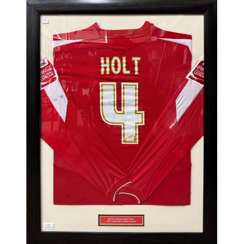 A match worn Nottingham Forest shirt, worn by Gary Holt, in framed display