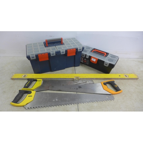 5005 - 2 boxes of tools including screwdriver set, spanner set, grips, a Spear and Jackson saw, a hammer, T... 