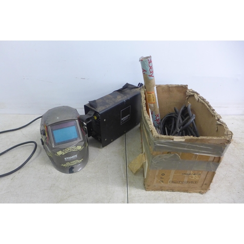 5013 - A Stamos 5-MMA-250P12 welder with mask and a quantity of rods