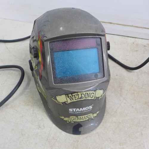 5013 - A Stamos 5-MMA-250P12 welder with mask and a quantity of rods