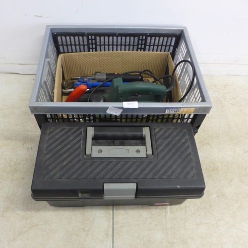 5017 - An electricians toolbox with Sparkrite battery charger, hand tools and various fuses and consumables... 