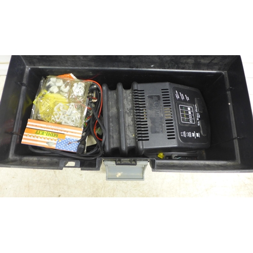 5017 - An electricians toolbox with Sparkrite battery charger, hand tools and various fuses and consumables... 