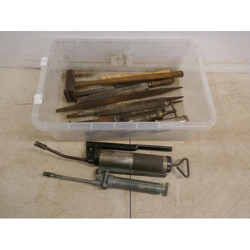 5020 - A box containing files, chisels, hammers and 3 various grease guns