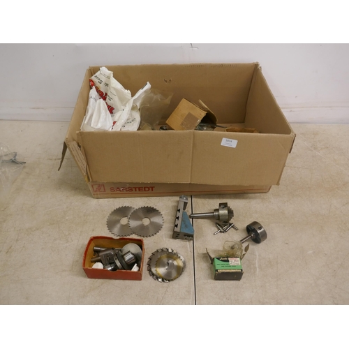 5034 - A box of assorted lathe attachments and chucks including Jacobs multi craft and Bridges tool chucks,... 