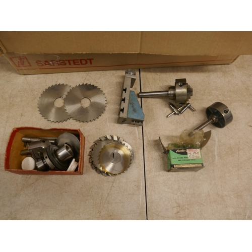 5034 - A box of assorted lathe attachments and chucks including Jacobs multi craft and Bridges tool chucks,... 