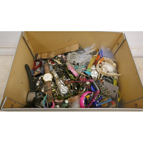 5056 - A box of assorted costume jewellery and watches