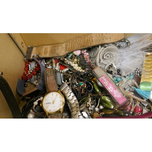 5056 - A box of assorted costume jewellery and watches