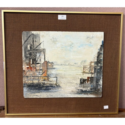 281 - J.H. Suchy, London scene, abstract, oil on board, framed