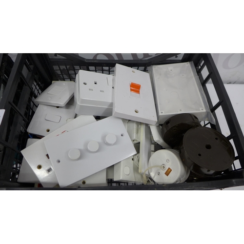 5211 - A box containing sockets, switches, junction boxes, plug tops, etc., 1 box of surface pattress boxes... 