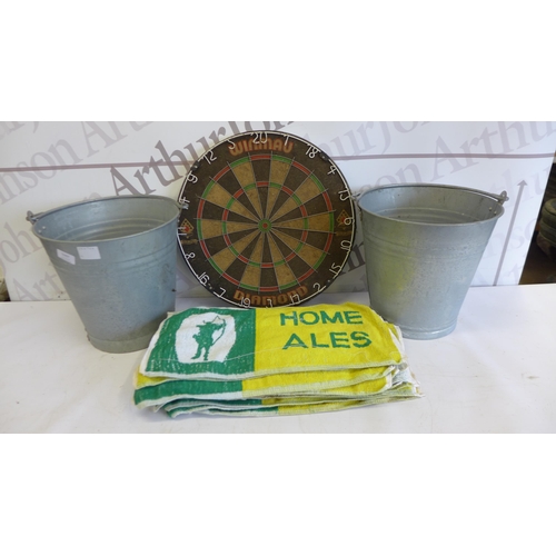 5267 - 2 galvanized buckets, a quantity of Home Ales beer towels and a Winmau dartboard