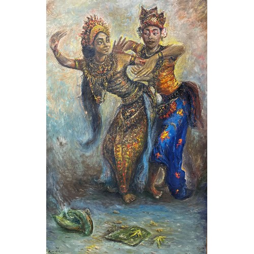 283 - K. Wivada ( Indonesian school), Oleg Balinese dancers, oil on canvas, bearing UN plaque, framed