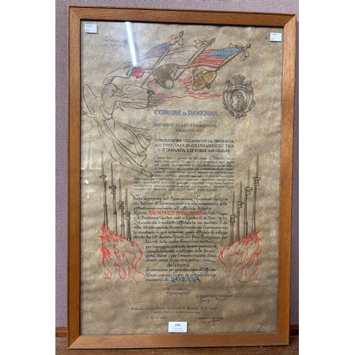 284 - An Italian Partisan Liberation certificate dated 11/11/1945, framed