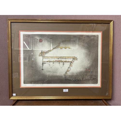 287 - French School, abstract, etching with aquatint, indistinctly signed, framed