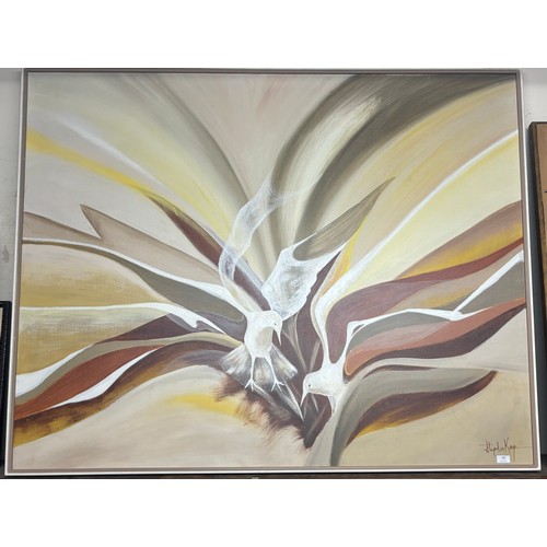 288 - Stephen Kaye, two doves in flight, acrylic on canvas, framed