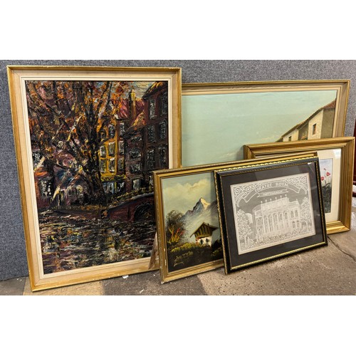 306 - Assorted prints and paintings, including an oil on board depicting an Amsterdam canal scene, all fra... 