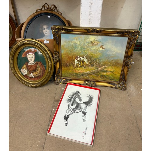 301 - Assorted oil paintings and prints, including a collage portrait of Edward Prince of Wales, son of He... 