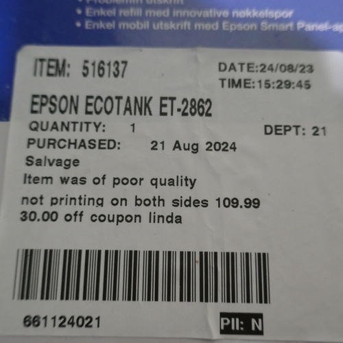 6141 - Epson Ecotank Et-2862 Printer with box and ink cartridges, original RRP £139.99 *This lot is subject... 