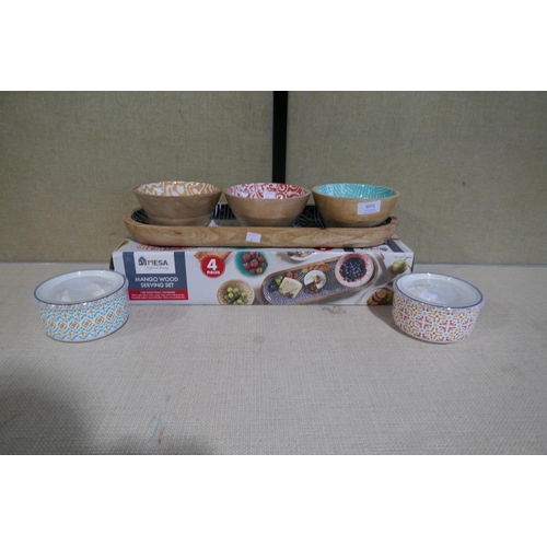 6071 - Three Mesa mango & Enamel Wood Serving Bowls and two Microwavable Bowls *This lot is subject to Vat