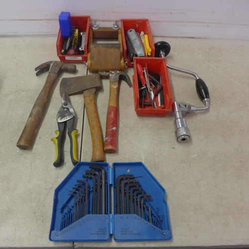 5022A - 2 boxes of assorted hand tools including craft knives, mallets, axe, screwdrivers, etc.