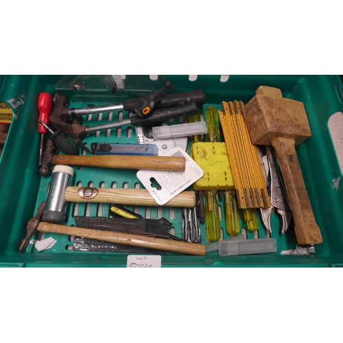 5022A - 2 boxes of assorted hand tools including craft knives, mallets, axe, screwdrivers, etc.