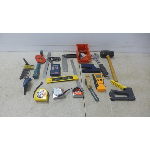 5022A - 2 boxes of assorted hand tools including craft knives, mallets, axe, screwdrivers, etc.