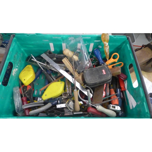 5022A - 2 boxes of assorted hand tools including craft knives, mallets, axe, screwdrivers, etc.