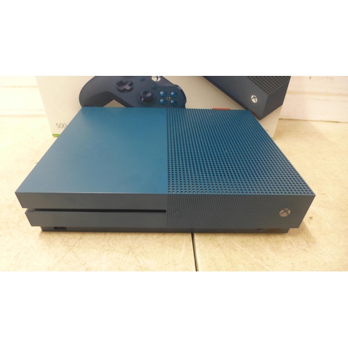 5070 - An Xbox One S special edition midnight blue console with, with 500GB HDD with leads, 1 controller in... 