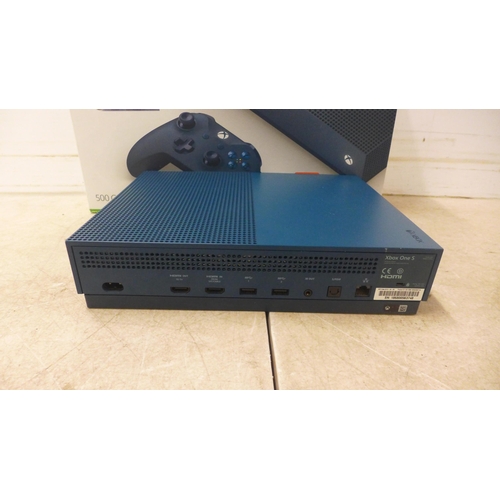 5070 - An Xbox One S special edition midnight blue console with, with 500GB HDD with leads, 1 controller in... 