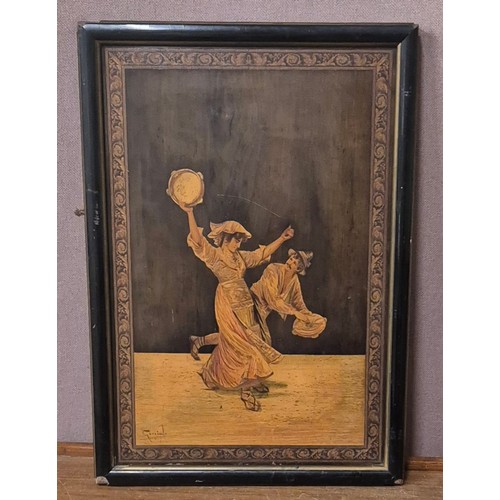 280 - Almerico Gargiulo (Italian 1843-1912), inlaid fruitwood panel, depicting two dancers, framed