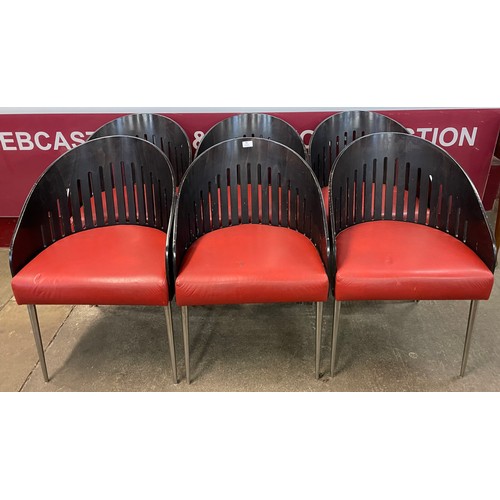 65 - A set of six Phillipe Starck style bent plywood, chrome and red vinyl chairs