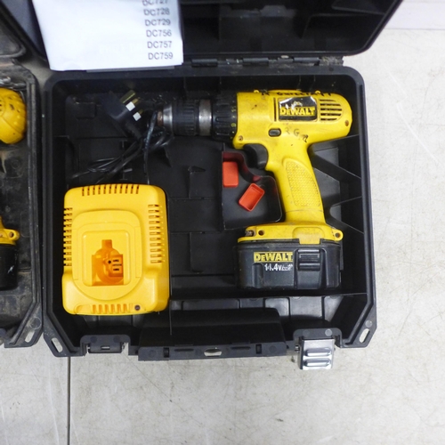 5004 - 2 DeWalt power drills, DW957 and DW757, both in cases with chargers and batteries