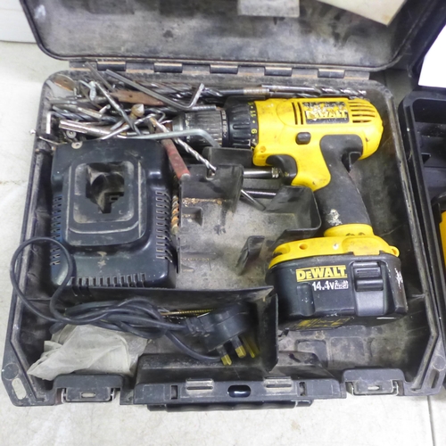 5004 - 2 DeWalt power drills, DW957 and DW757, both in cases with chargers and batteries